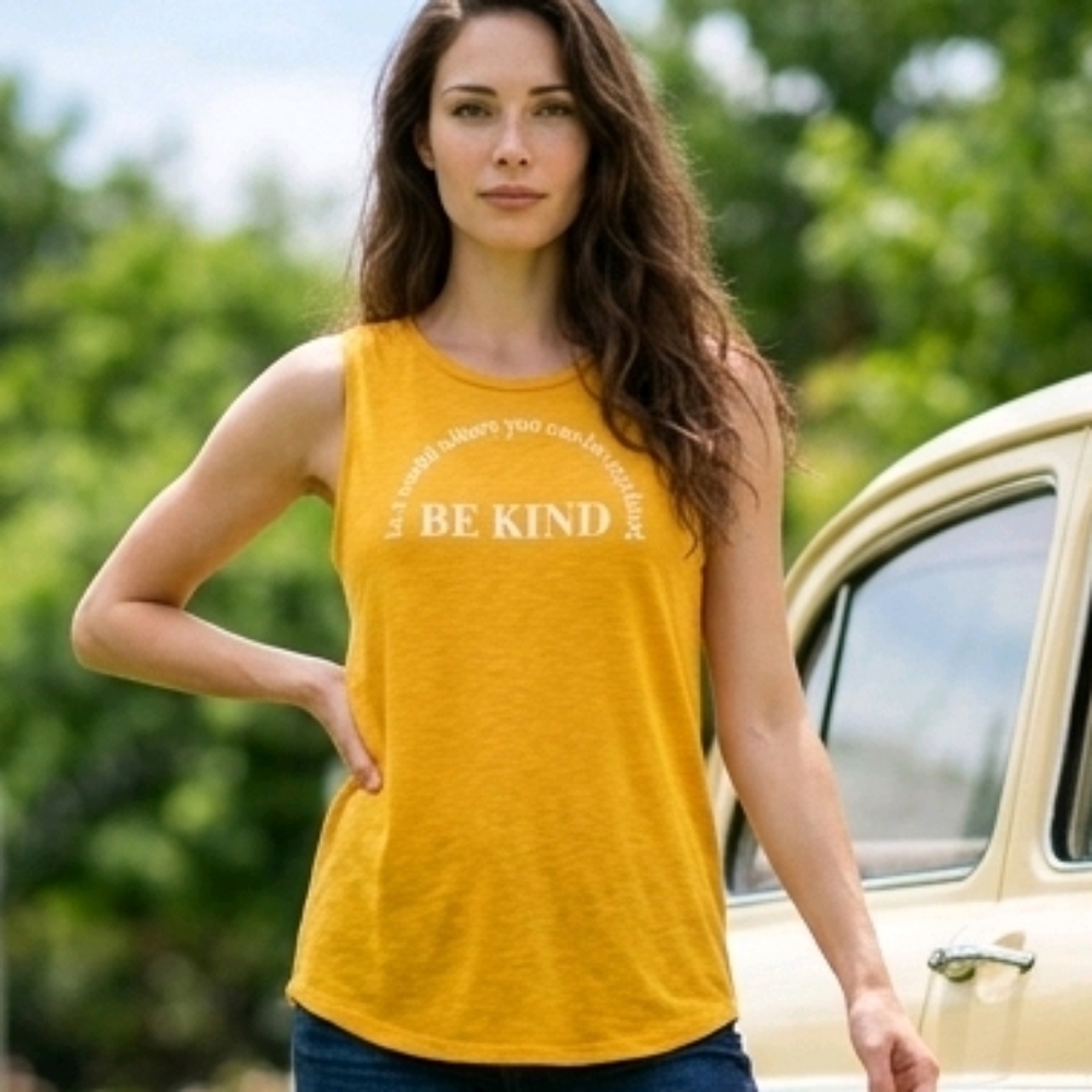 🆕'BE KIND' GOLDEN YELLOW SLUB CREW TANK